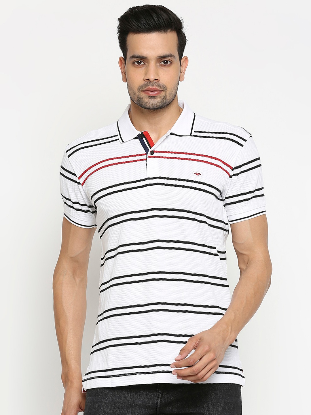 

Mufti Men White Striped Polo Collar Slim Fit Pure Cotton T-shirt