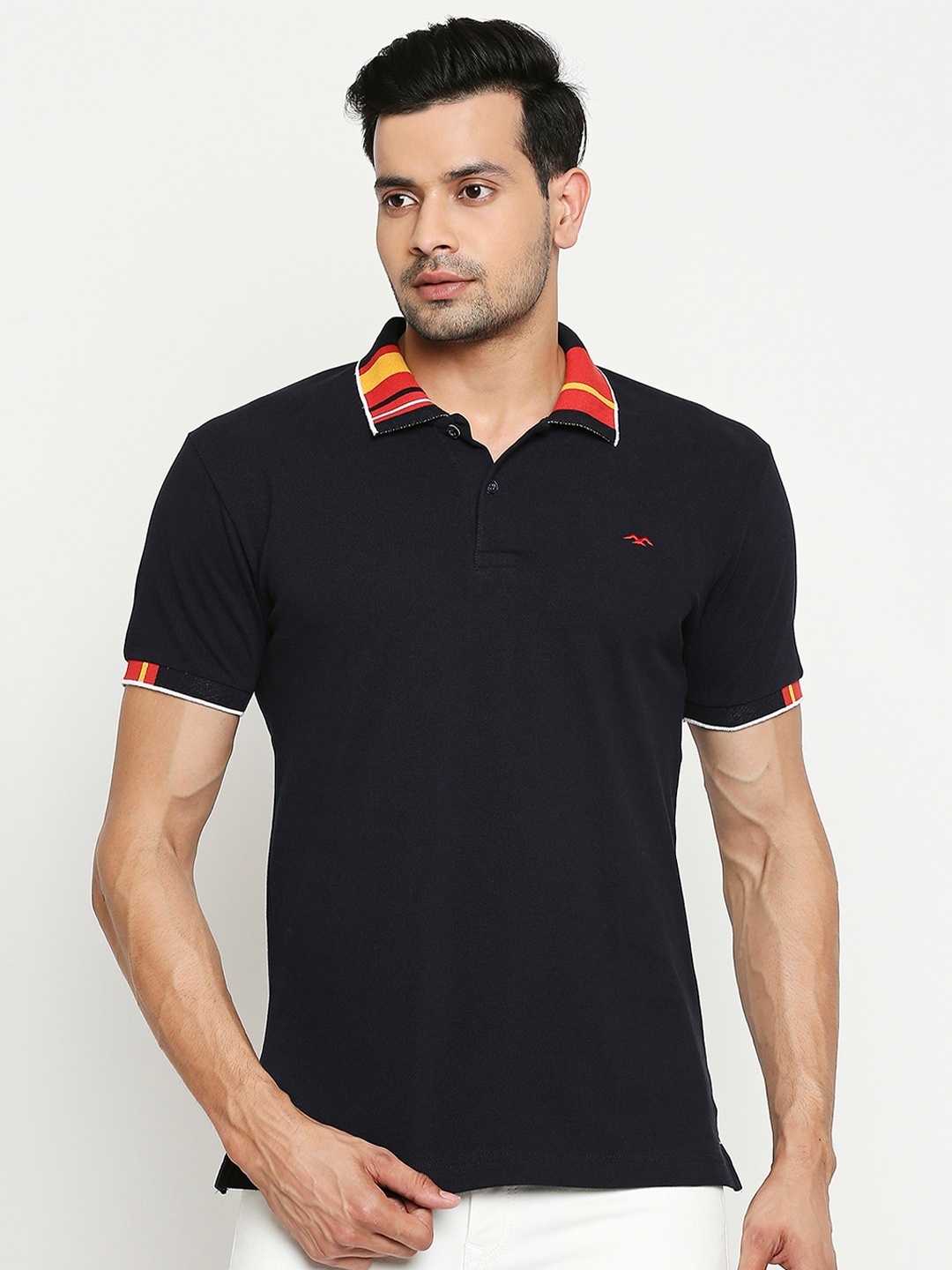 

Mufti Men Navy Blue Striped Polo Collar Slim Fit Pure Cotton T-shirt