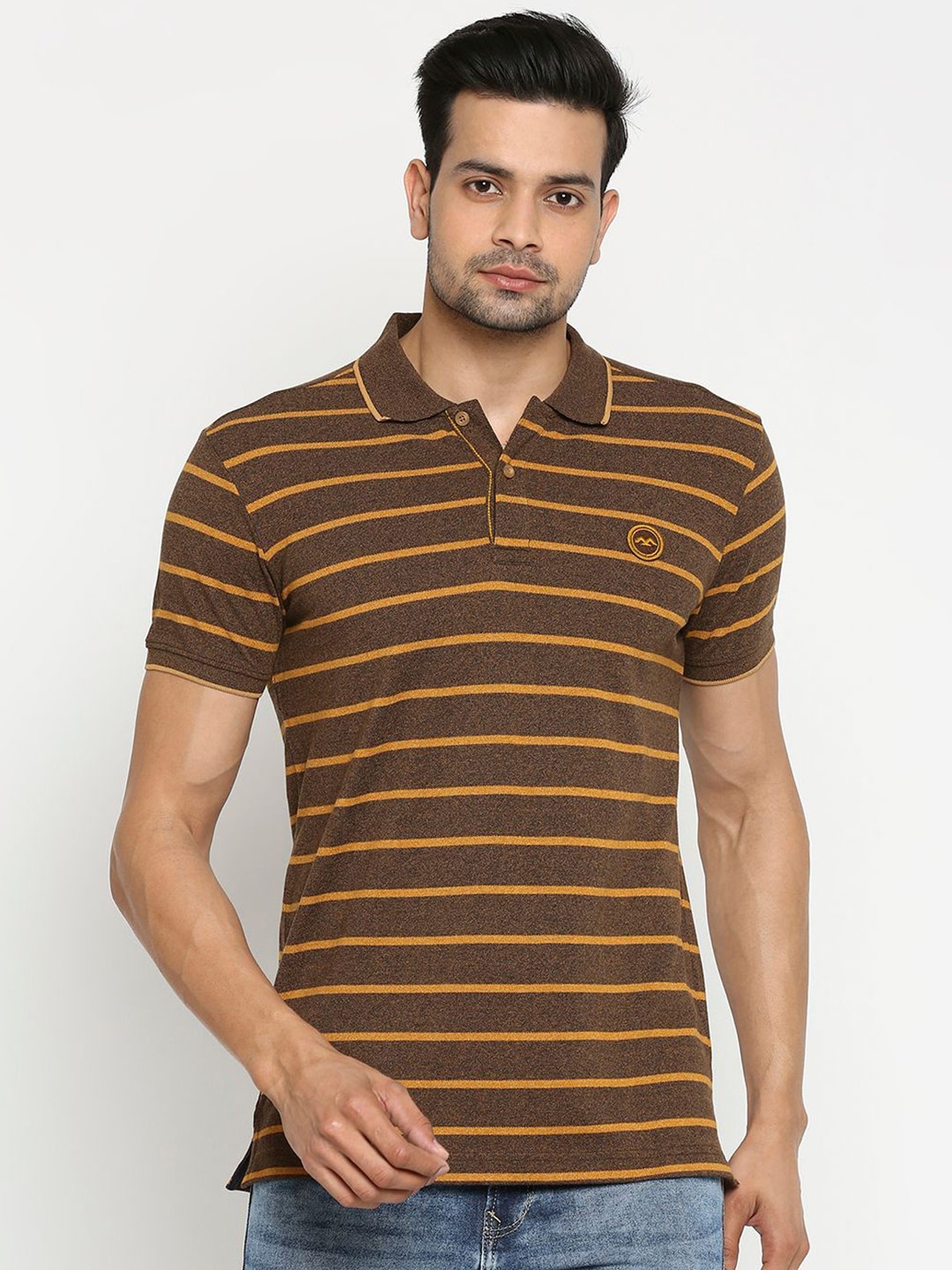 

Mufti Men Brown Striped Polo Collar Slim Fit T-shirt