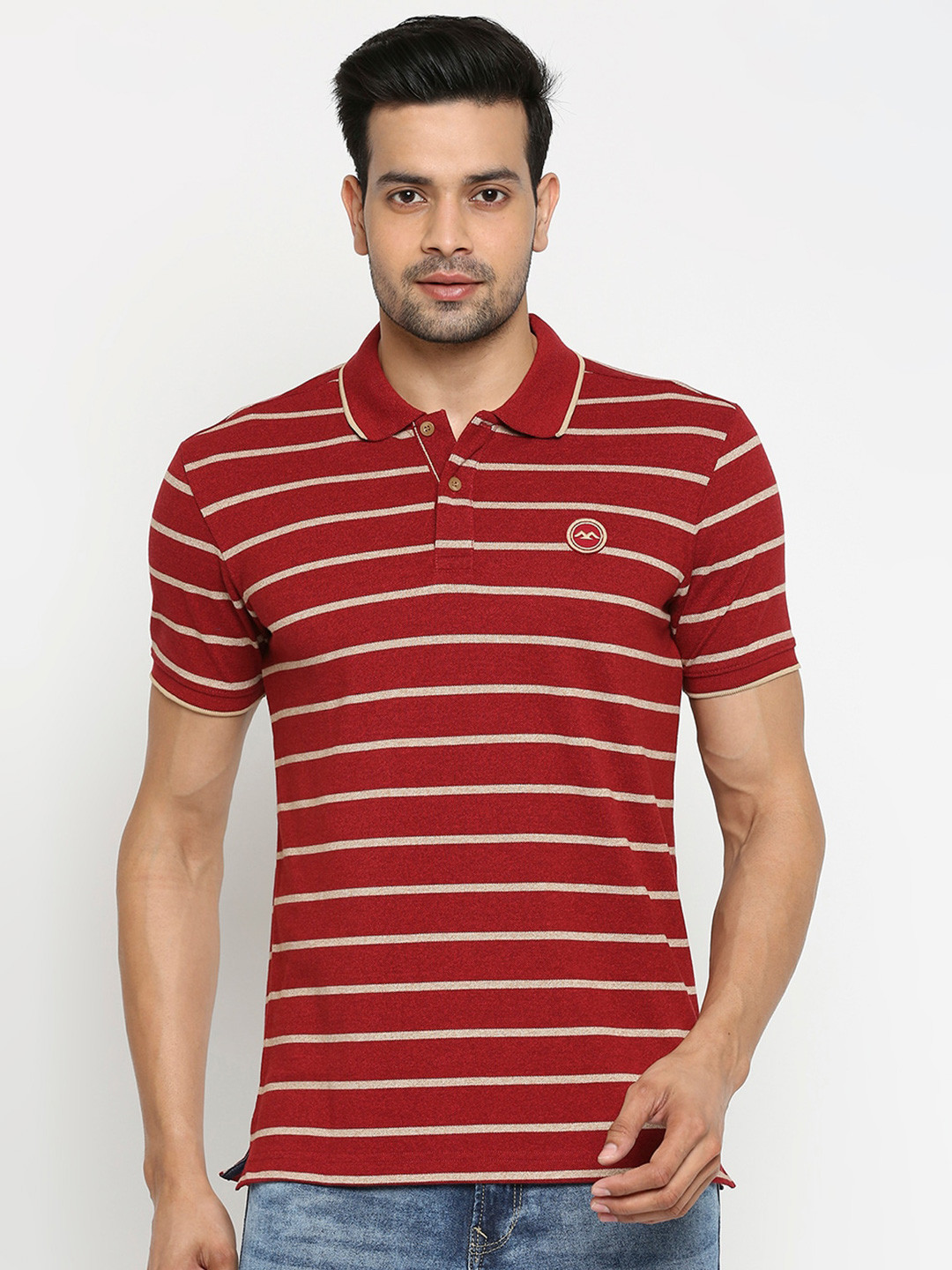 

Mufti Men Maroon & White Striped Polo Collar Slim Fit T-shirt