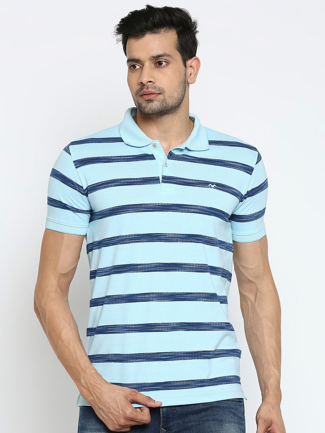 

Mufti Men Blue & Navy Blue Striped Polo Collar Tshirts