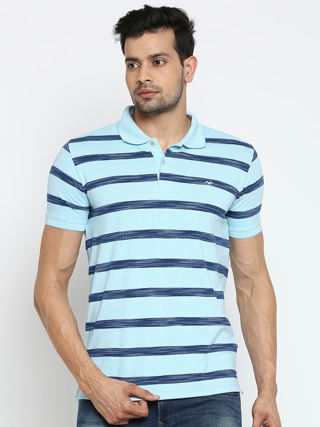 

Mufti Men Blue Striped Polo Collar Slim Fit T-shirt