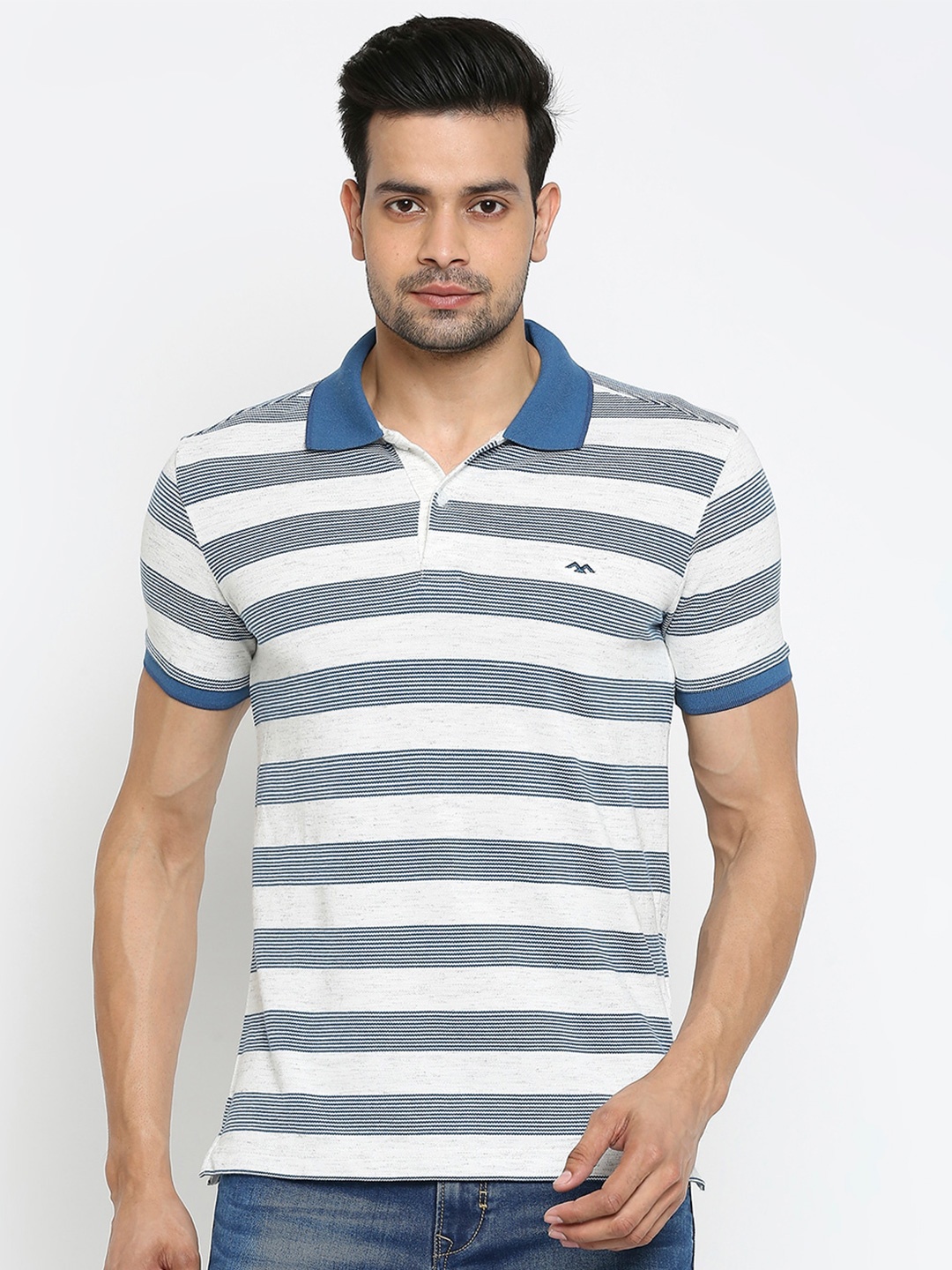 

Mufti Men White & light cyan Striped Polo Collar Slim Fit T-shirt