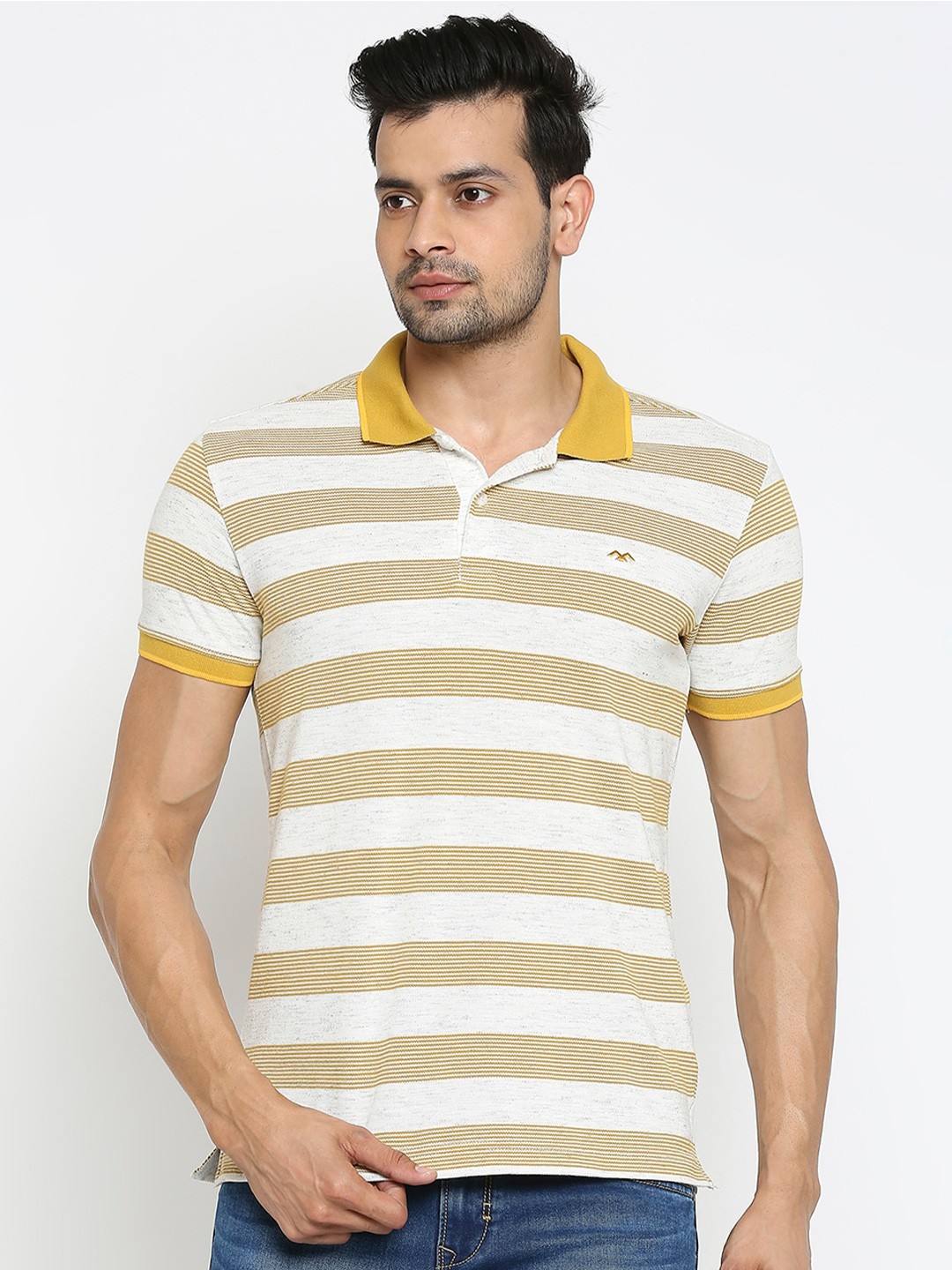 

Mufti Men White & Mustard Yellow Striped Polo Collar T-shirt