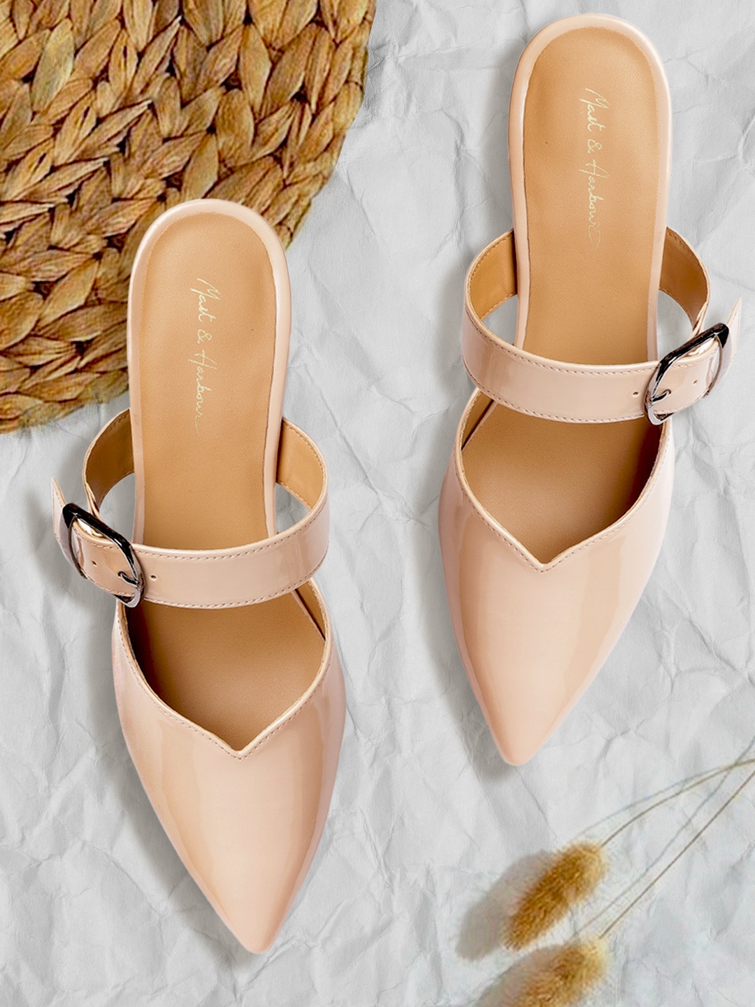 

Mast & Harbour Nude-Coloured Solid Glossy Finish Cone Block Heel Pumps with Buckles