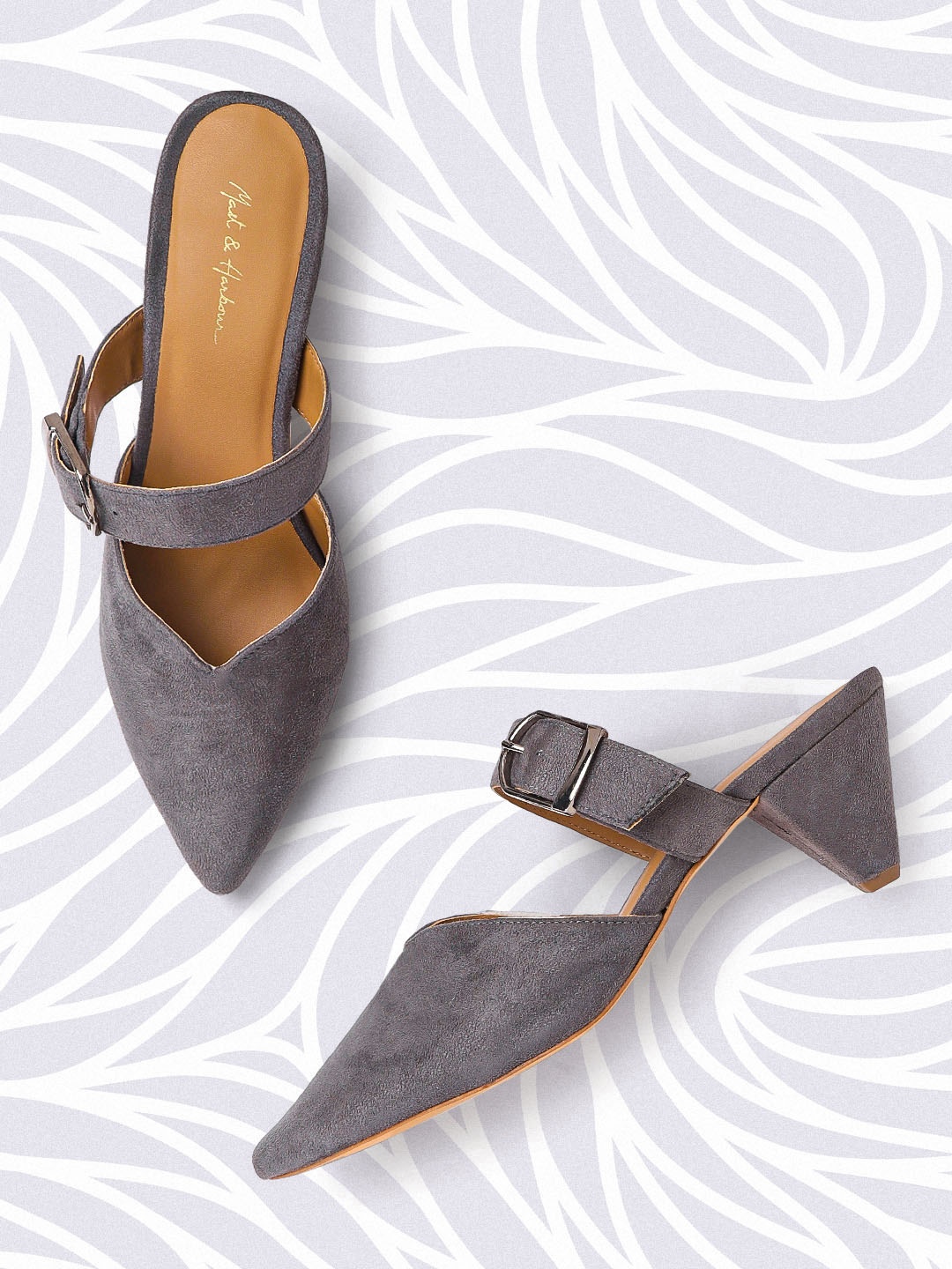 

Mast & Harbour Grey Solid Suede Finish Cone Heel Pumps with Buckle Detail