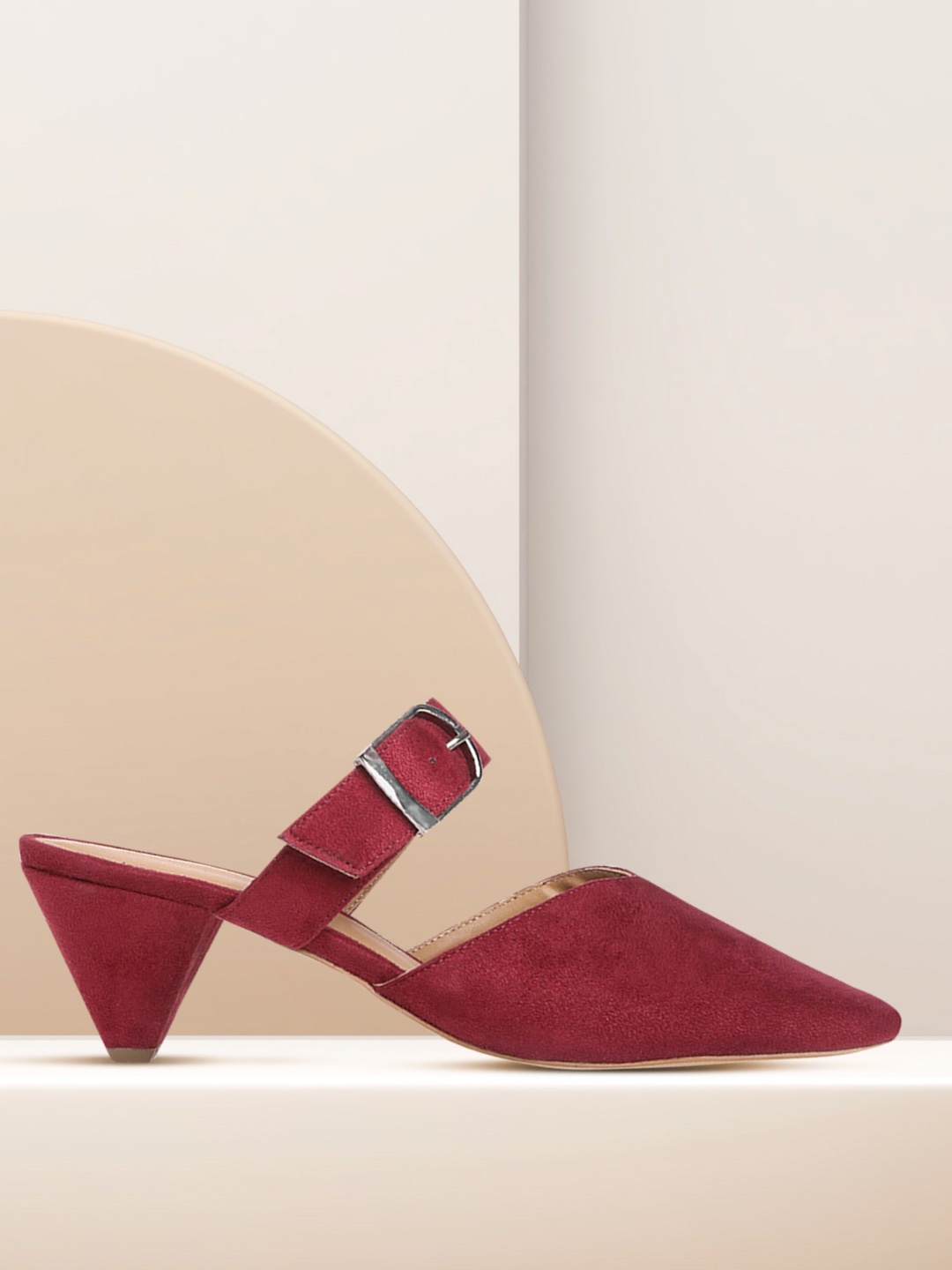 

Mast & Harbour Maroon Solid Suede Finish Cone Heel Pumps with Buckle Detail