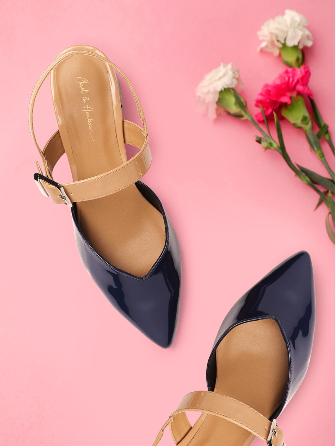 

Mast & Harbour Women Navy Blue & Tan Colourblocked Block Pumps
