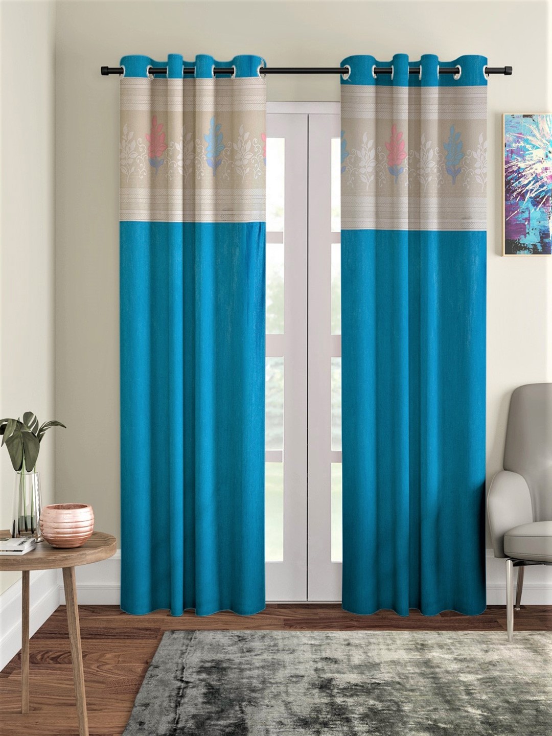 

Home Sizzler Turquoise Blue & Beige Set of 2 Ethnic Motifs Door Curtain