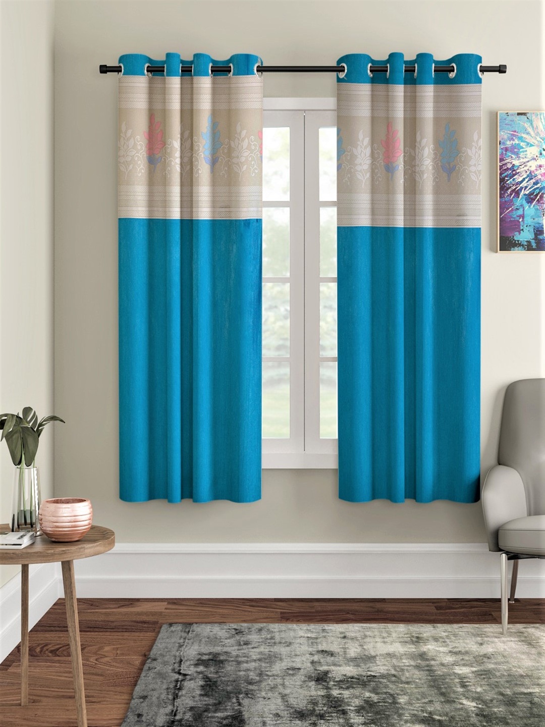 

Home Sizzler Turquoise Blue & Off White Set of 2 Window Curtain