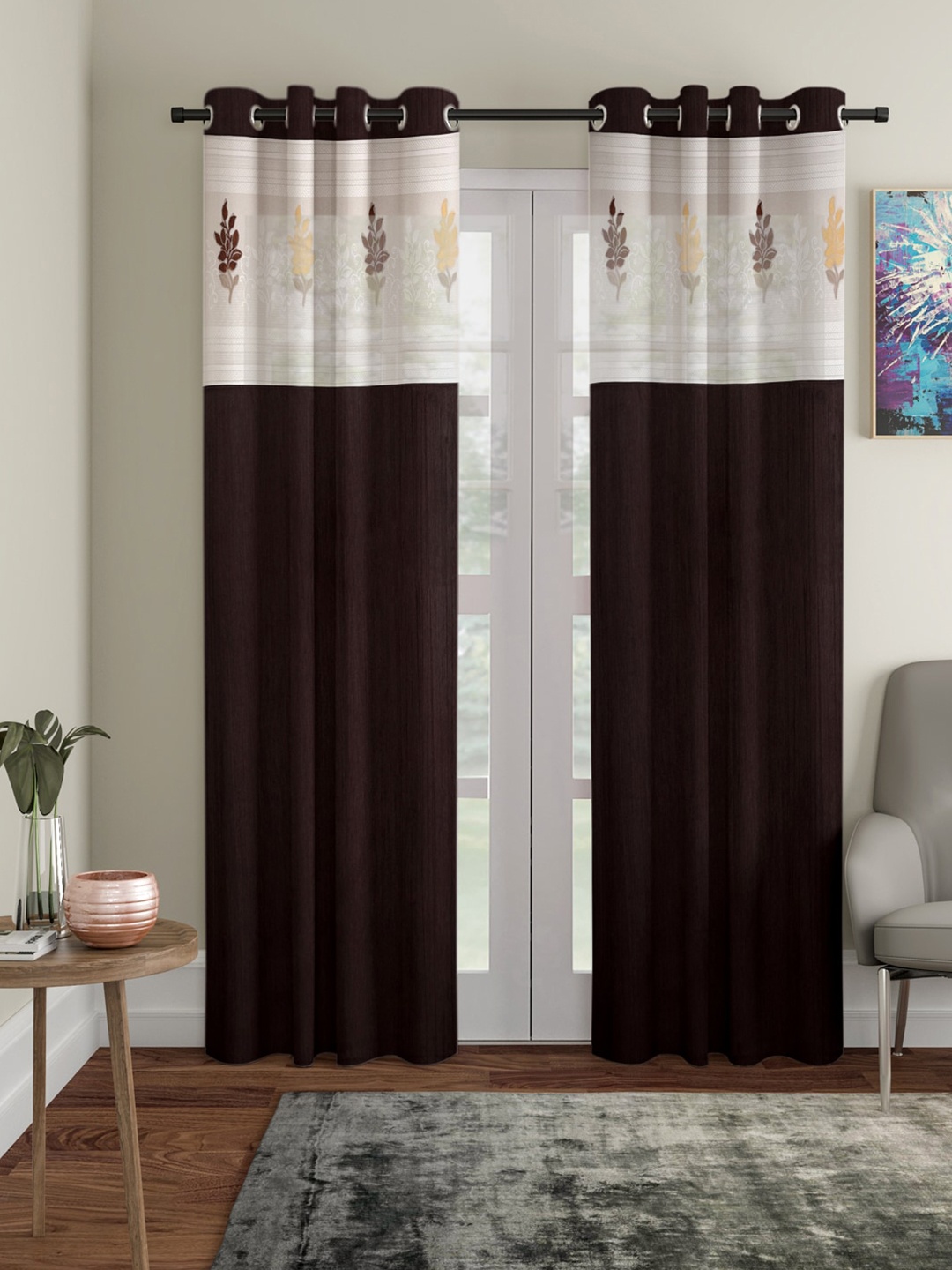 Home Sizzler Brown Set of 2 Floral Door Curtain