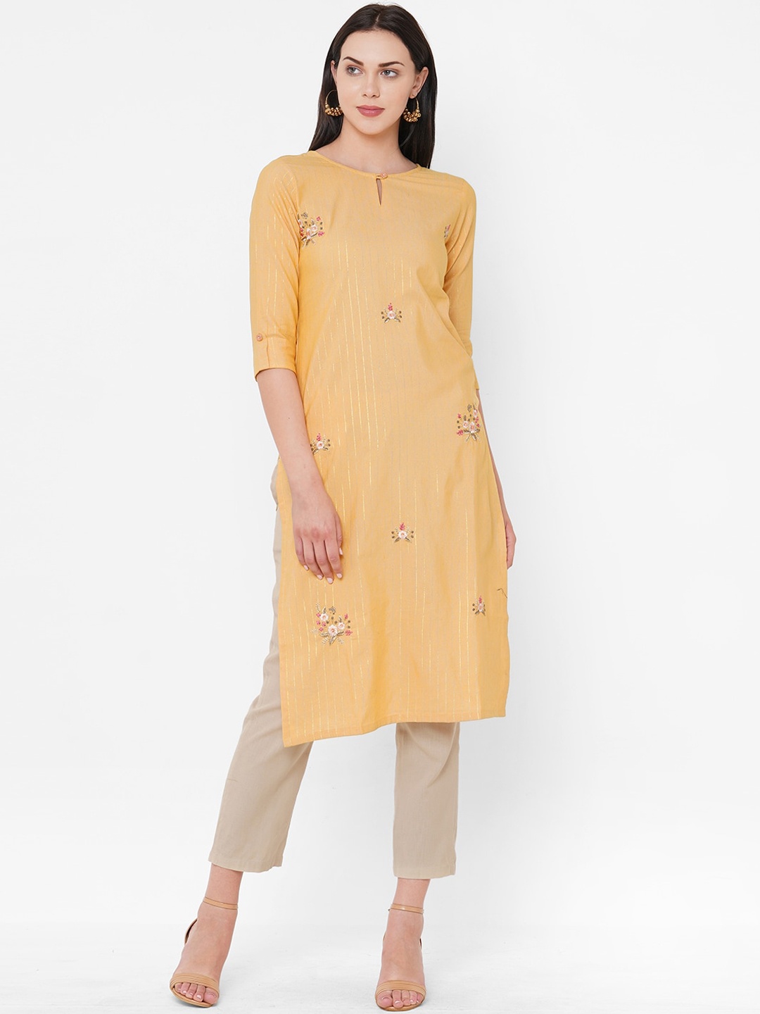 

ZOLA Women Yellow Striped Keyhole Neck Thread Work Kurta