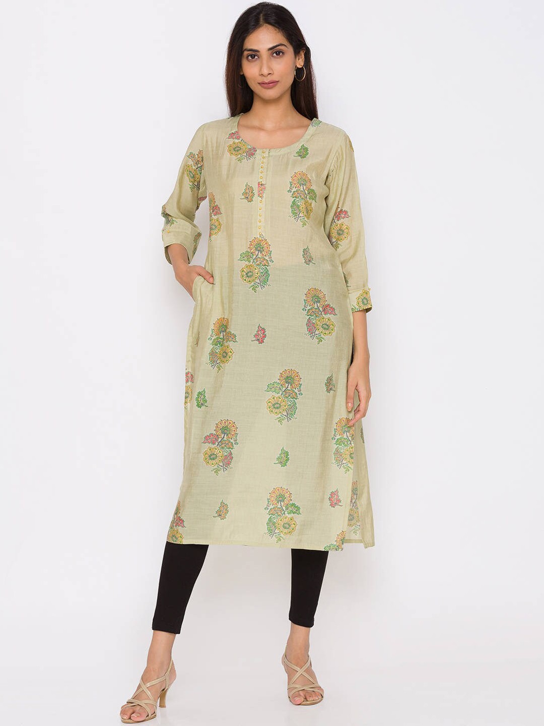 

ZOLA Women Beige & Green Floral Printed Kurta