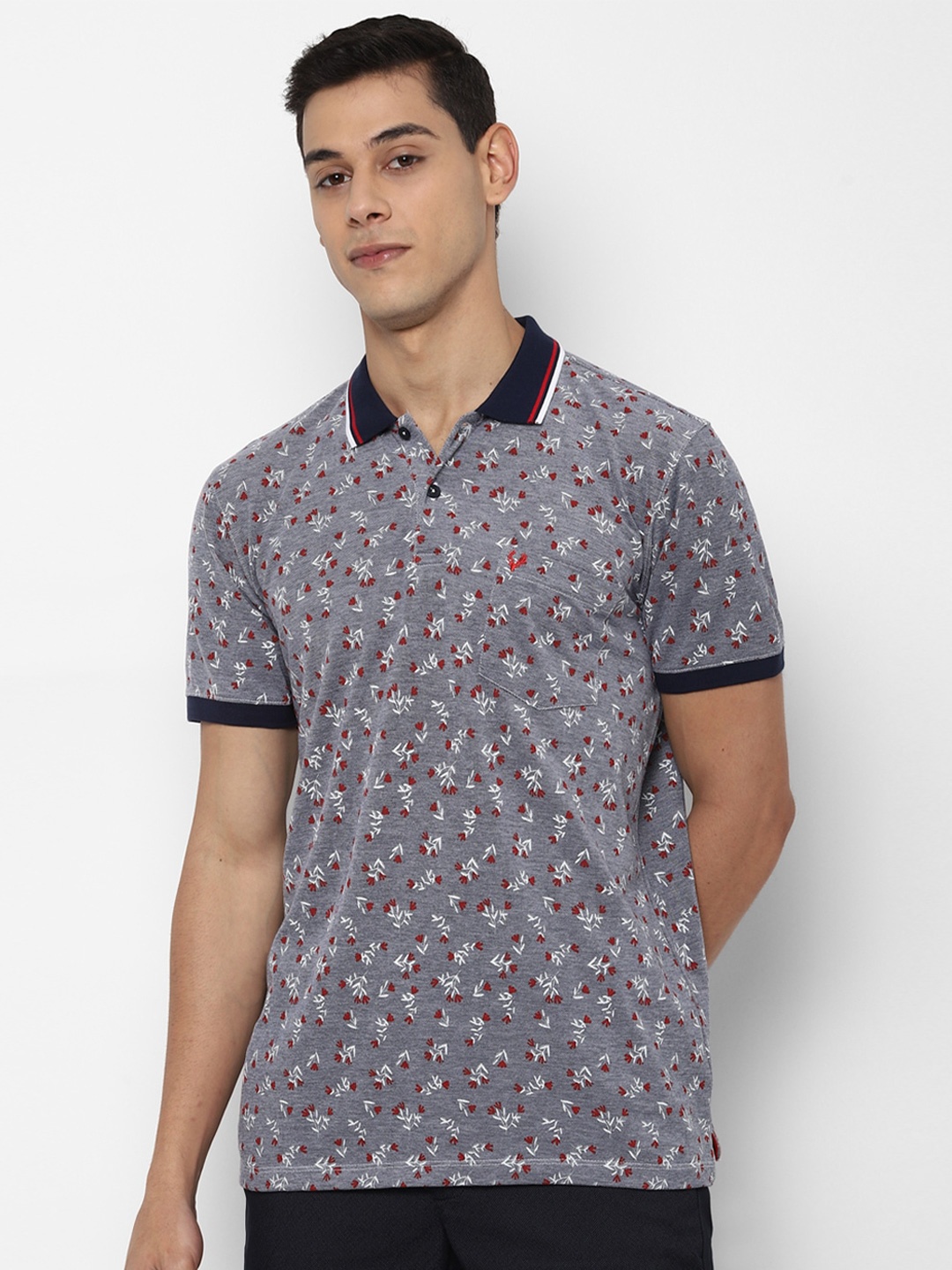 

Allen Solly Men Grey & Black Floral Printed Polo Collar T-shirt