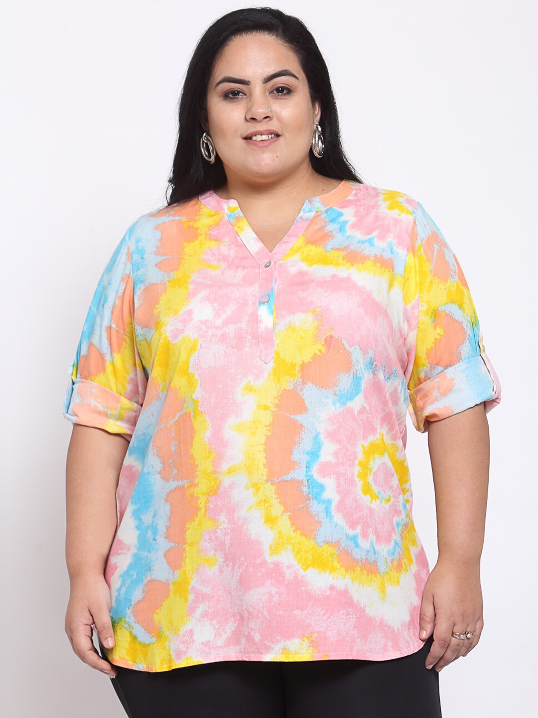 

plusS Women Pink & Yellow Tie and Dye Regular Top