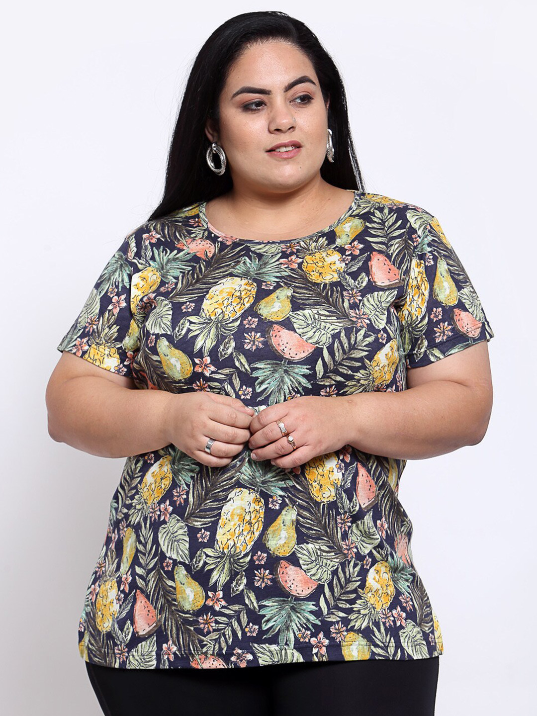 

plusS Women Navy Blue And Yellow Tropical Printed T-shirt