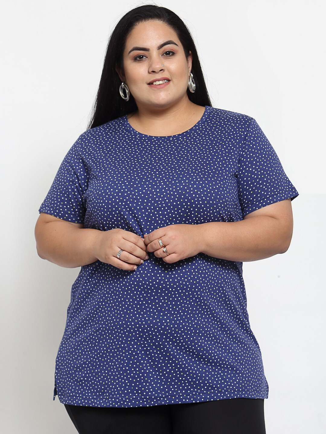 

plusS Women Navy Blue & White Printed T-shirt