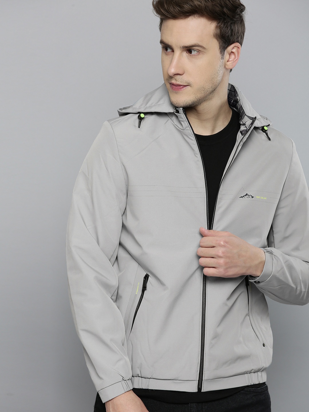 

Fort Collins Men Grey Solid Lightweight Hooded Tailored Jacket