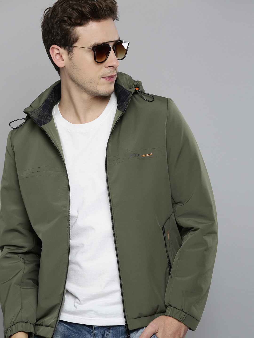 

Fort Collins Men Olive Green Solid Lightweight Tailored Jacket with Detachable Hood
