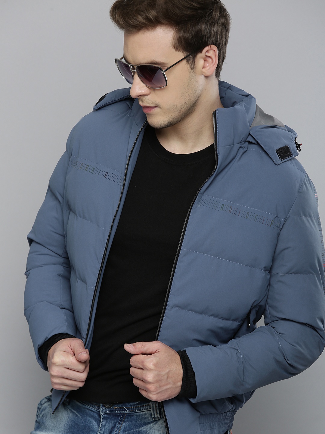 

Fort Collins Men Blue Lightweight Bomber Jacket with Detachable Hood