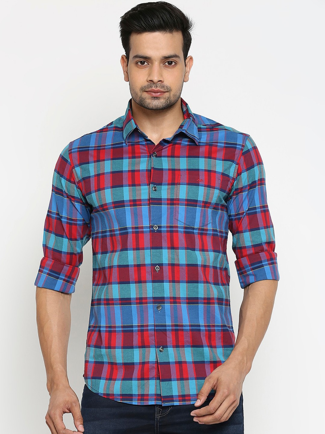 

Mufti Men Blue& Red Slim Fit Checked Casual Shirt