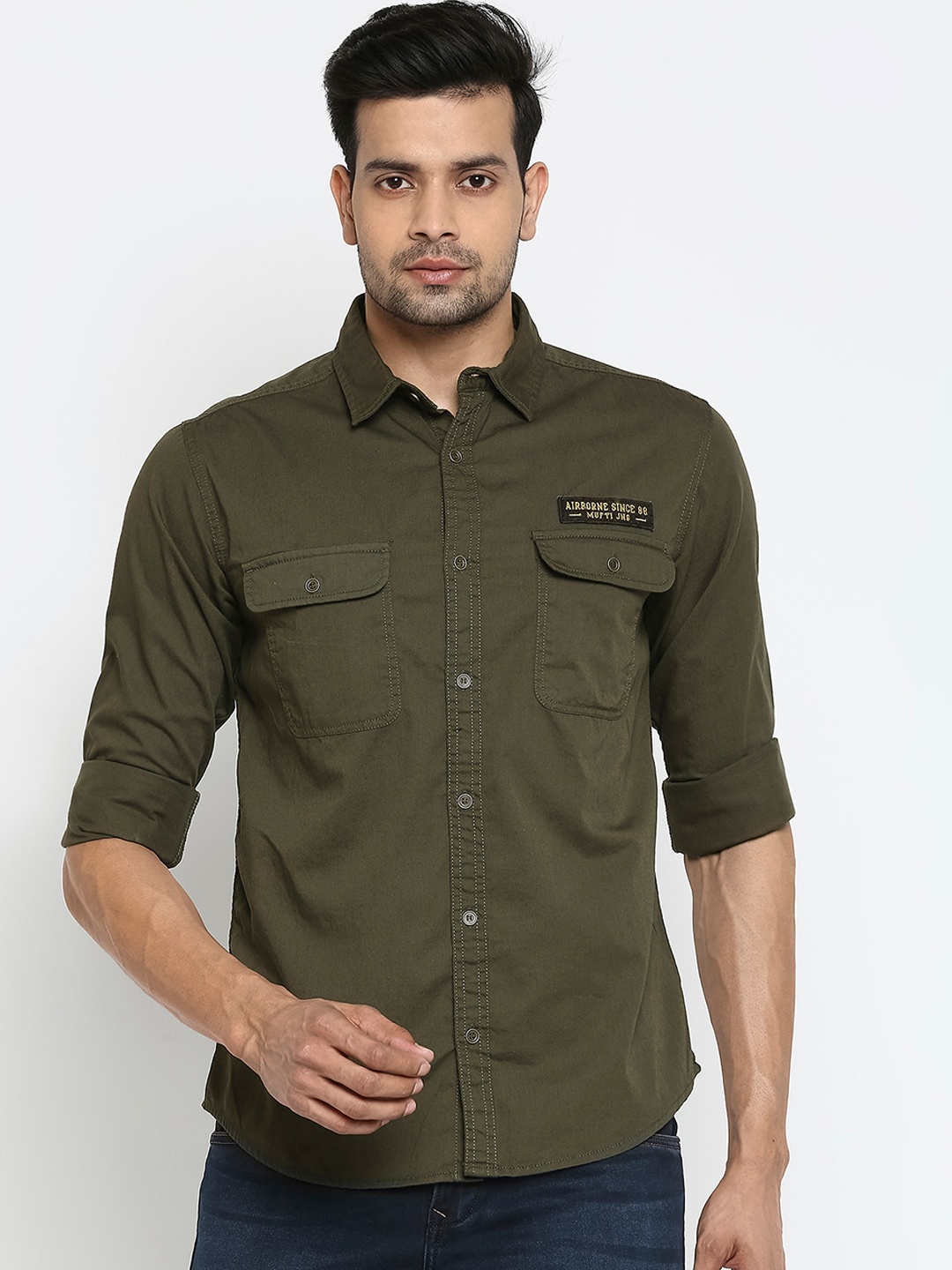 

Mufti Men Olive Green Slim Fit Cotton Casual Shirt