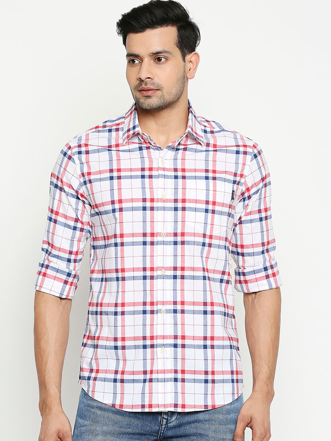 

Mufti Men White& Blue Slim Fit Windowpane Checks Checked Casual Shirt