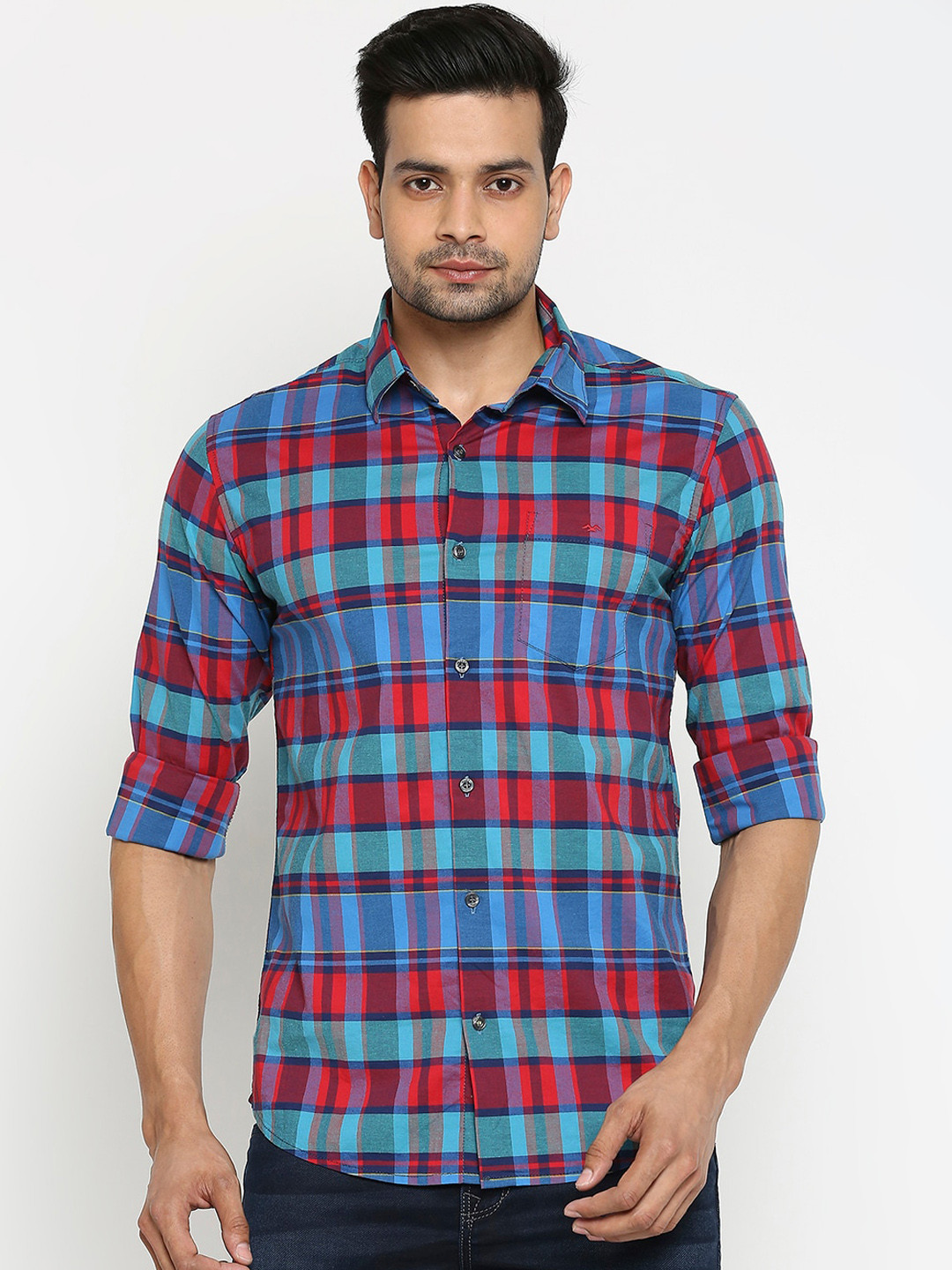 

Mufti Men Blue & Red Slim Fit Checked Casual Shirt