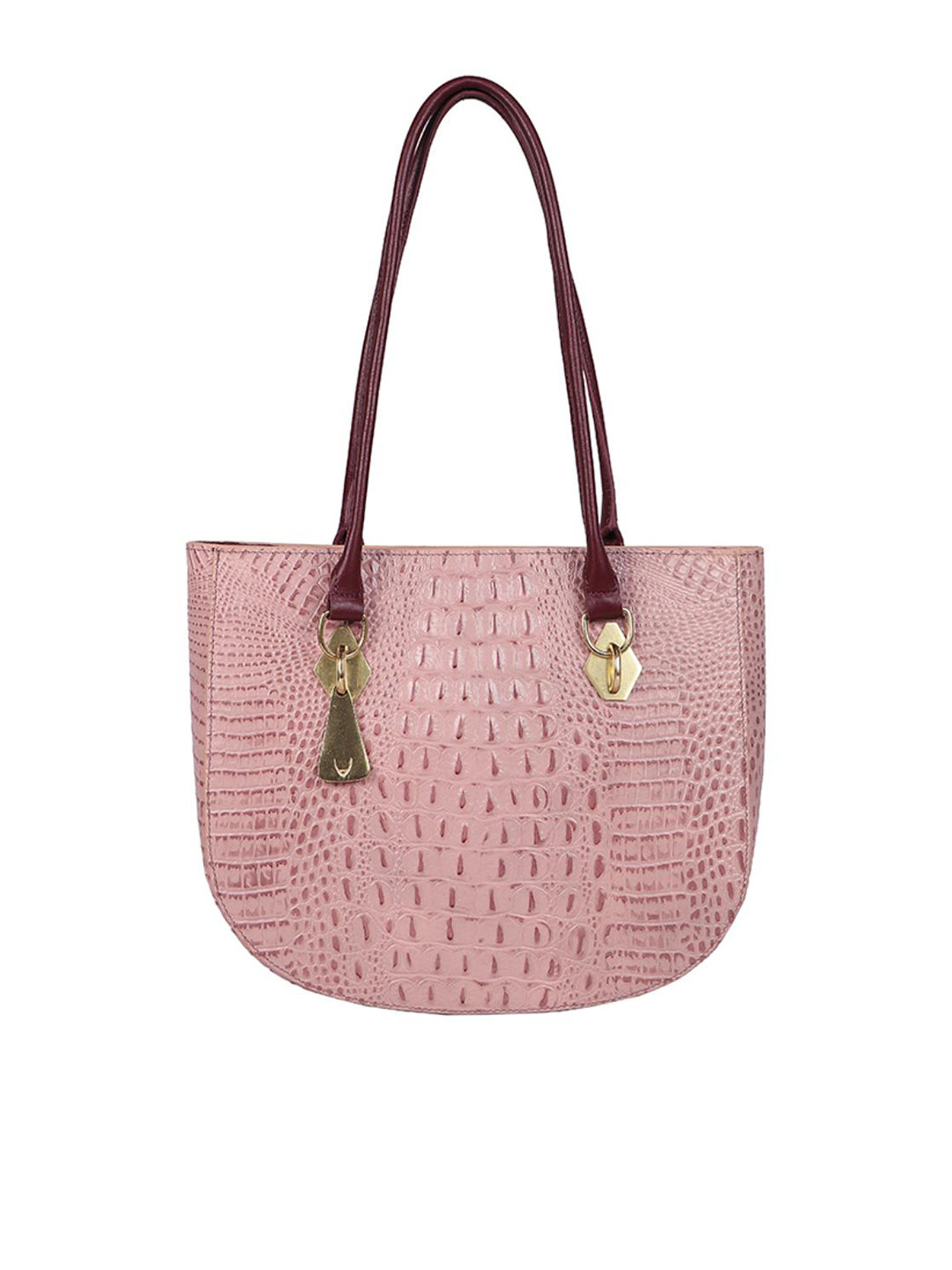 

Hidesign Pink Animal Textured Leather Half Moon Shoulder Bag with Applique