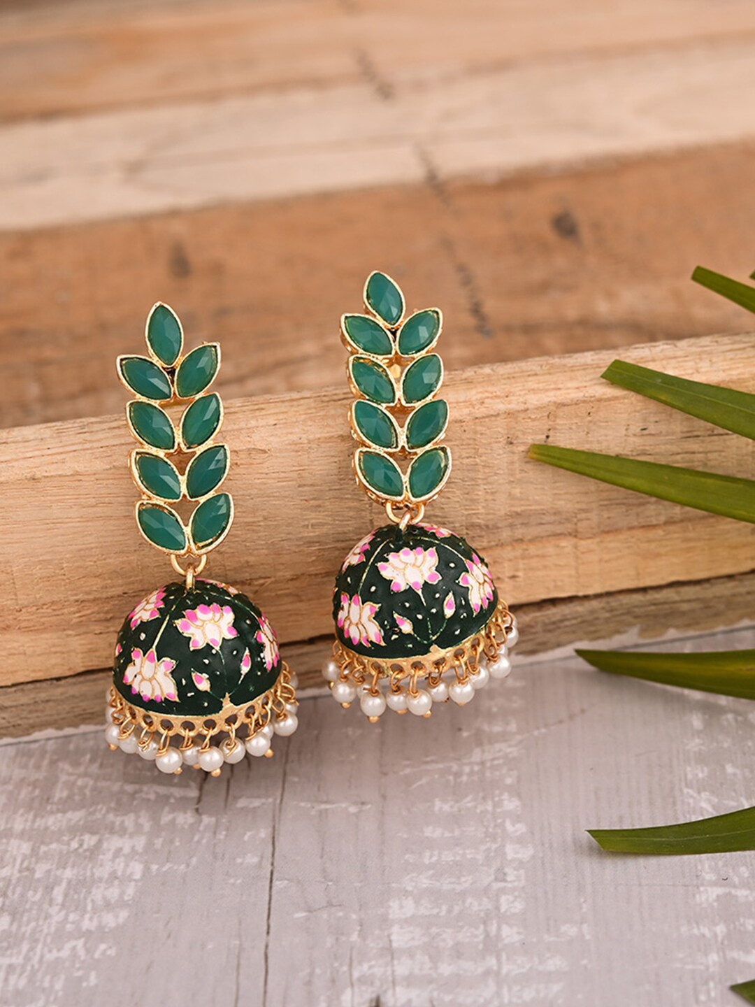 

Natures Buggy Gold-Plated Green & Black Contemporary Jhumkas