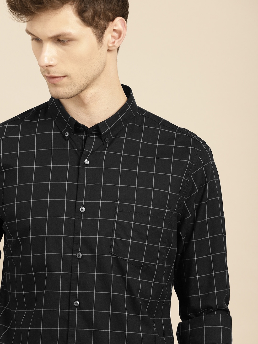 

ether Men Black & Grey Checked Antimicrobial Regular Fit Casual Shirt