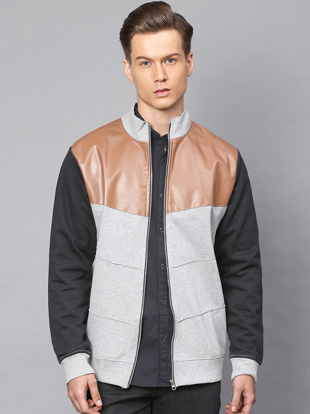 

Campus Sutra Men Grey Colourblocked Windcheater Sporty Jacket