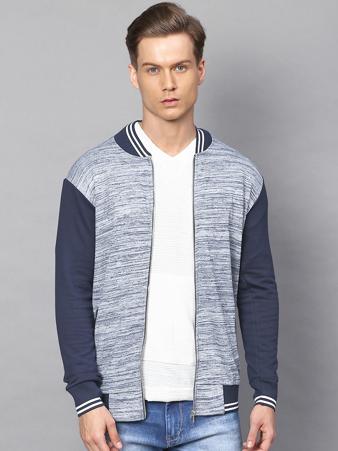 

Campus Sutra Men Navy Blue Striped Windcheater Bomber Jacket