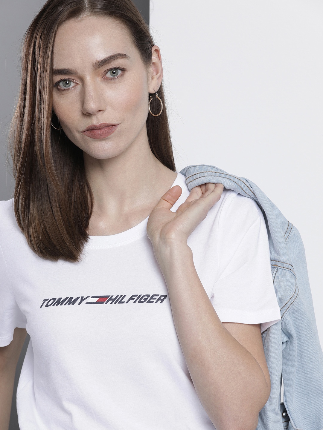 

Tommy Hilfiger Women White Navy Blue Brand Logo Flock Print Pure Cotton T-shirt