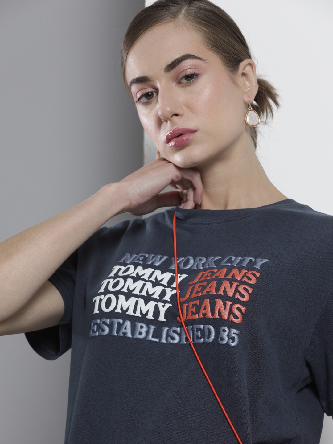 

Tommy Hilfiger Women Navy Blue White Printed Loose Pure Cotton T-shirt