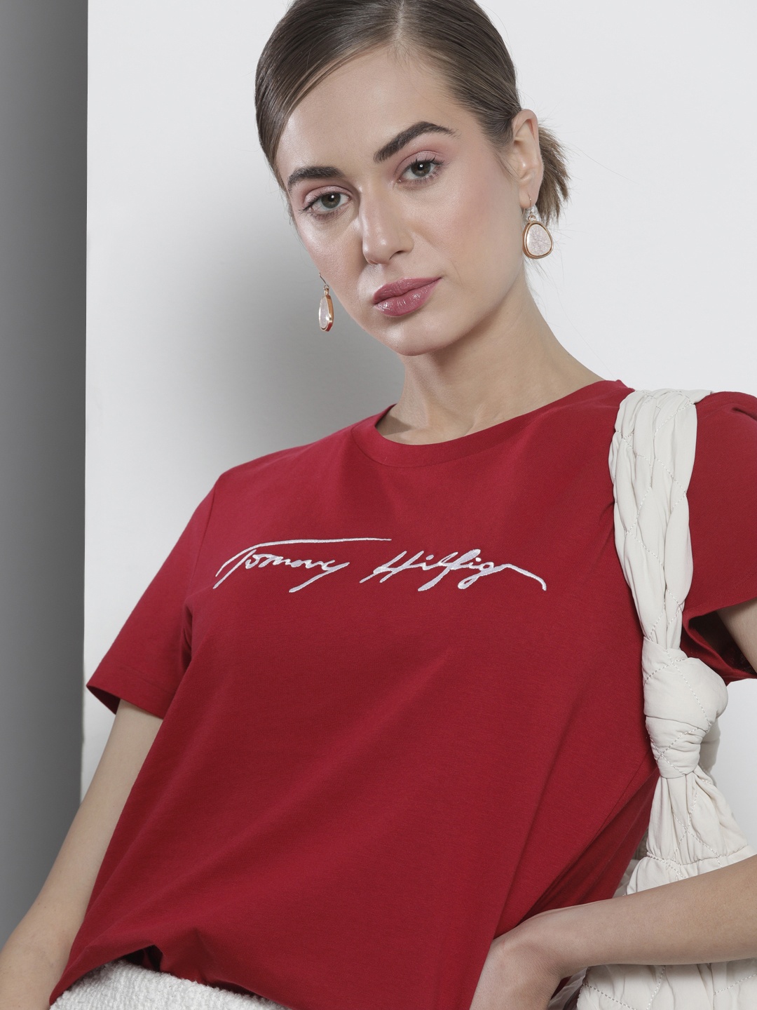 

Tommy Hilfiger Women Maroon White Embroidered Pure Cotton T-shirt