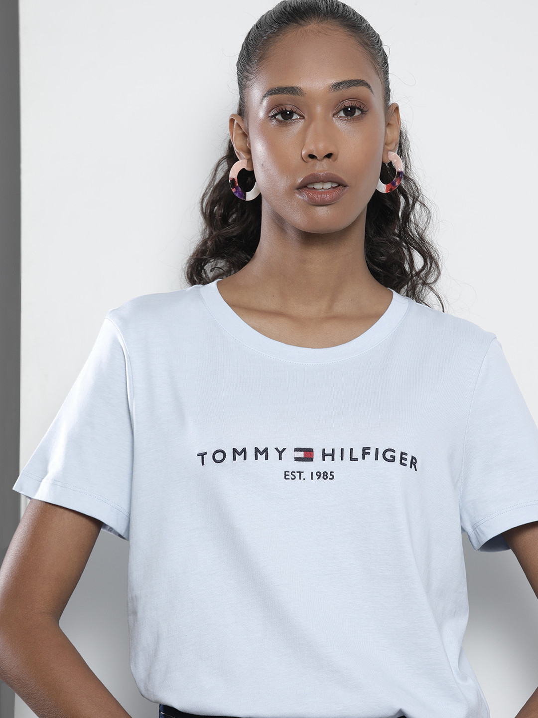 

Tommy Hilfiger Women Light Blue Logo Printed Pure Cotton Casual T-shirt