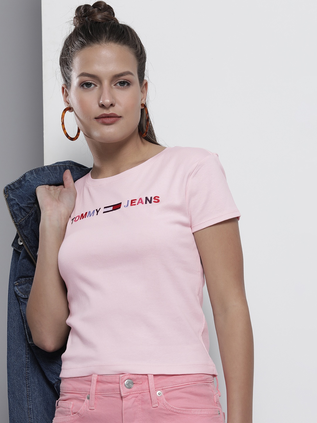 

Tommy Hilfiger Women Pink & Red Brand Logo Embroidered Pure Cotton T-shirt