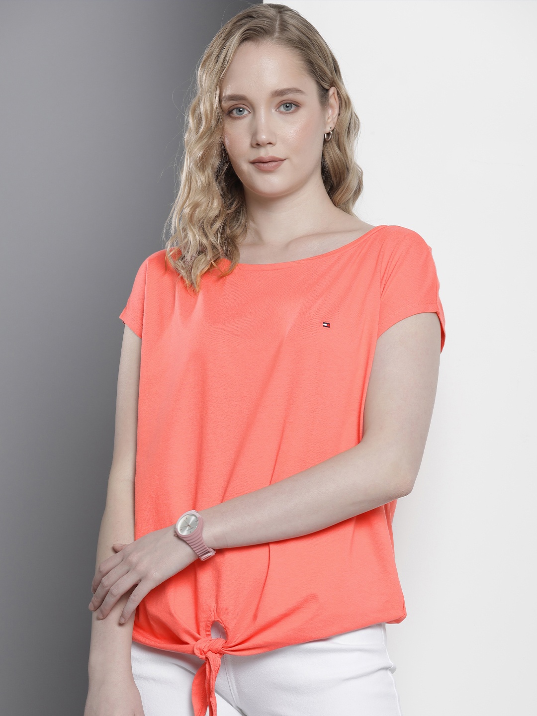 

Tommy Hilfiger Coral Orange Organic Cotton T-shirt with Front Knot