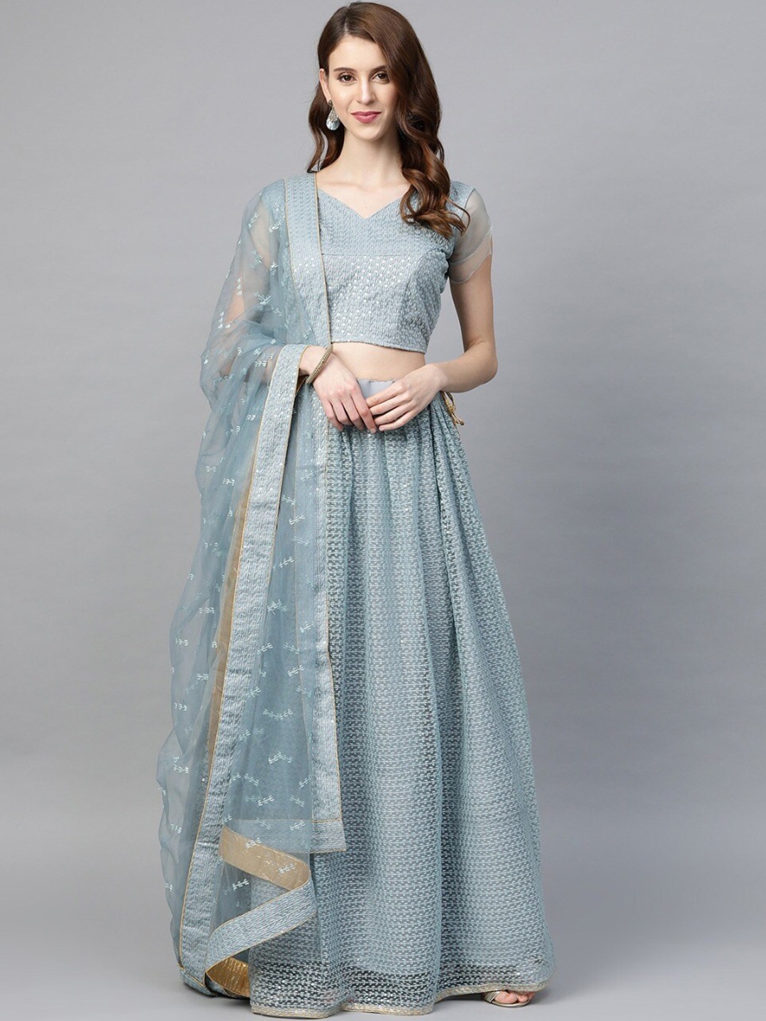 

SHOPGARB Grey Embroidered Sequinned Semi-Stitched Lehenga & Unstitched Blouse With Dupatta