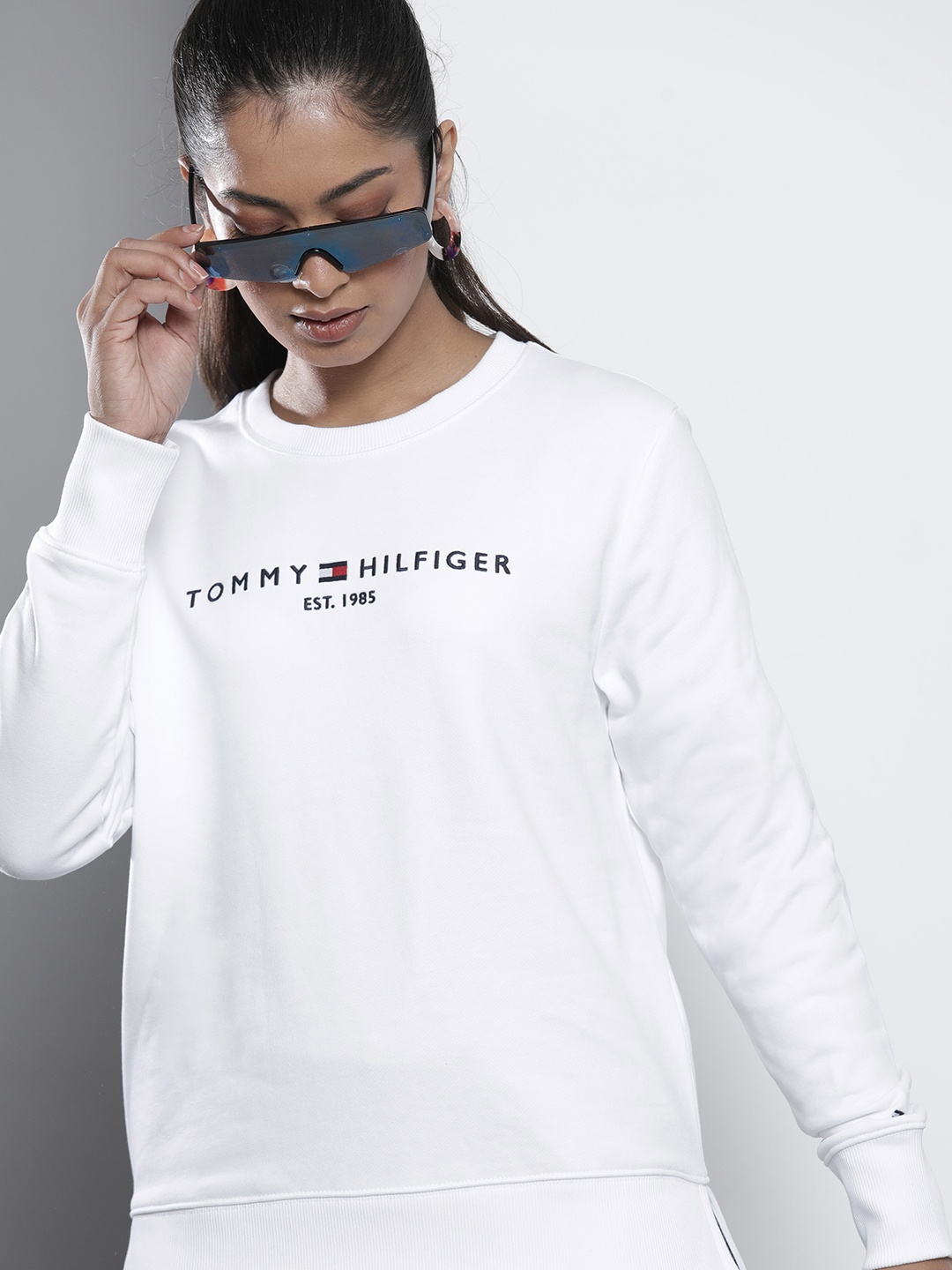 

Tommy Hilfiger Women White Logo Embroidered Pure Cotton Pullover Sweatshirt