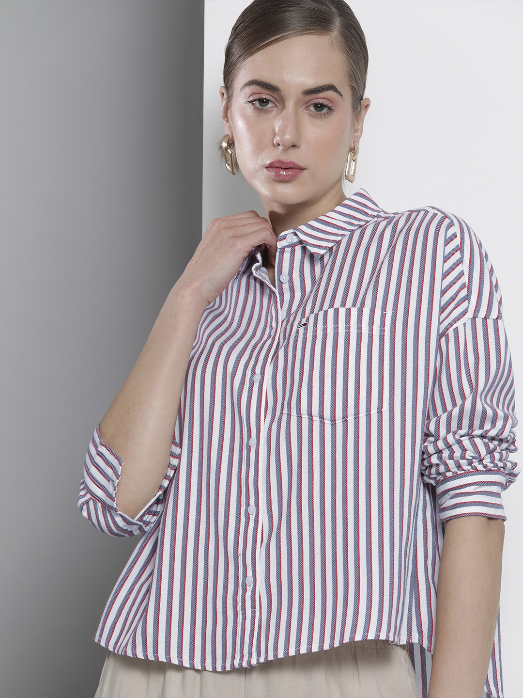 

Tommy Hilfiger Women White & Grey Boxy Opaque Striped Organic Cotton Casual Shirt