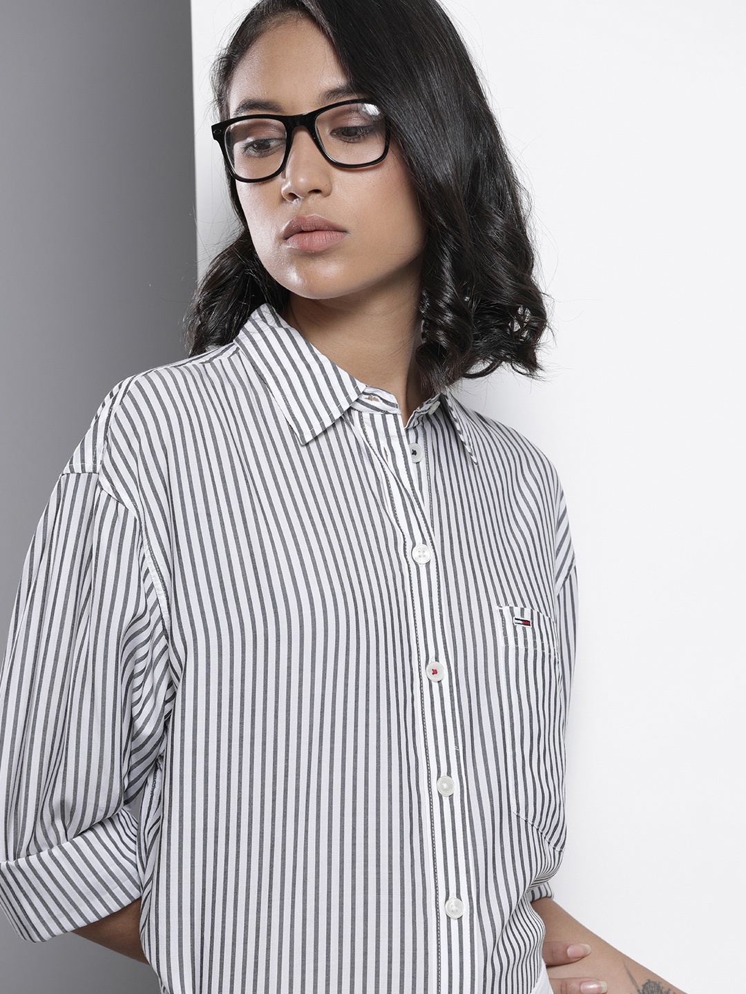 

Tommy Hilfiger Women Black Opaque Striped Casual Shirt