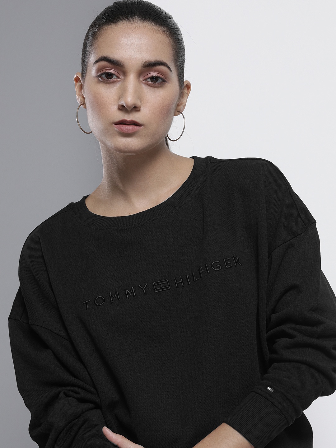 

Tommy Hilfiger Women Black Oversized Logo Embroidered Sweatshirt