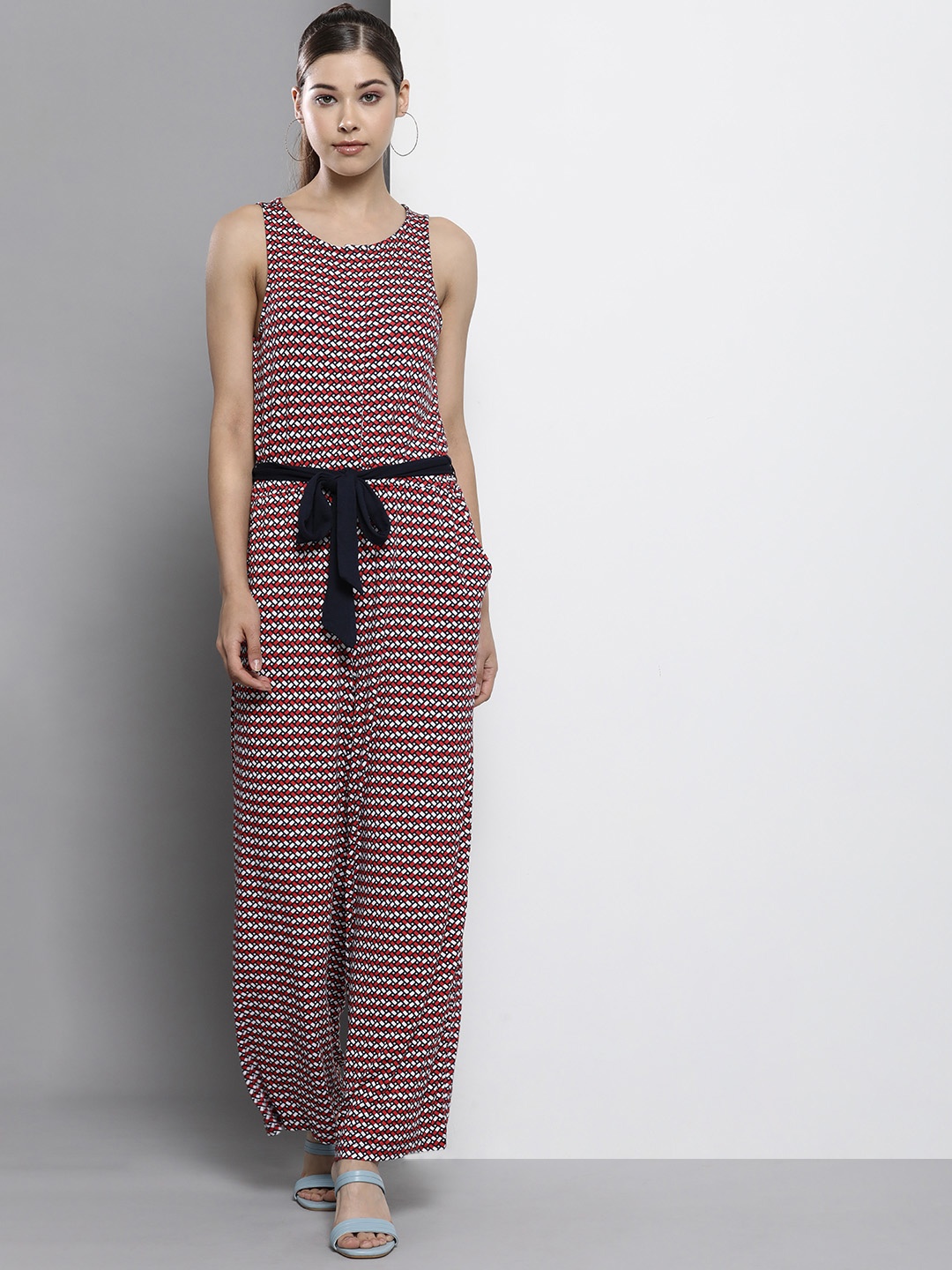 

Tommy Hilfiger Navy Blue & Red Printed Basic Jumpsuit With SWaist Tie Up
