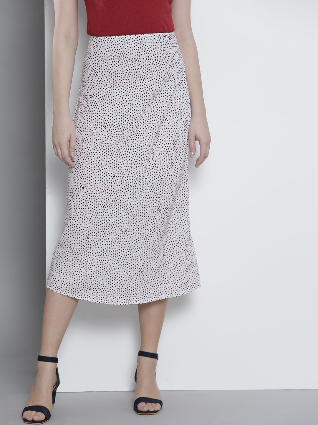 

Tommy Hilfiger White & Blue Polka Dotted Midi Slip Straight Skirt