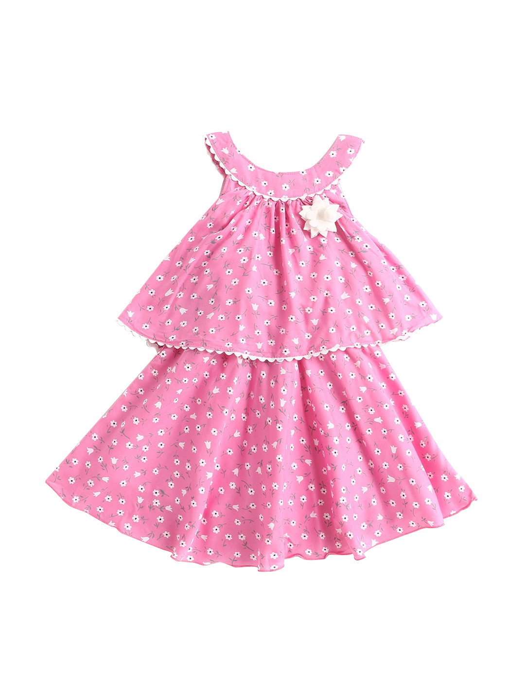 

The Magic Wand Girls Pink & White Floral Choker Neck Layered A-Line Dress
