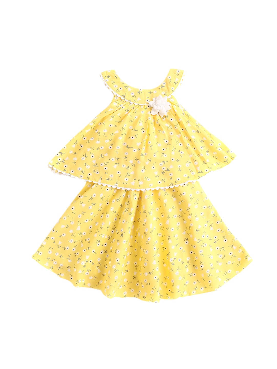 

The Magic Wand Girls Yellow & White Floral Choker Neck Layered A-Line Dress