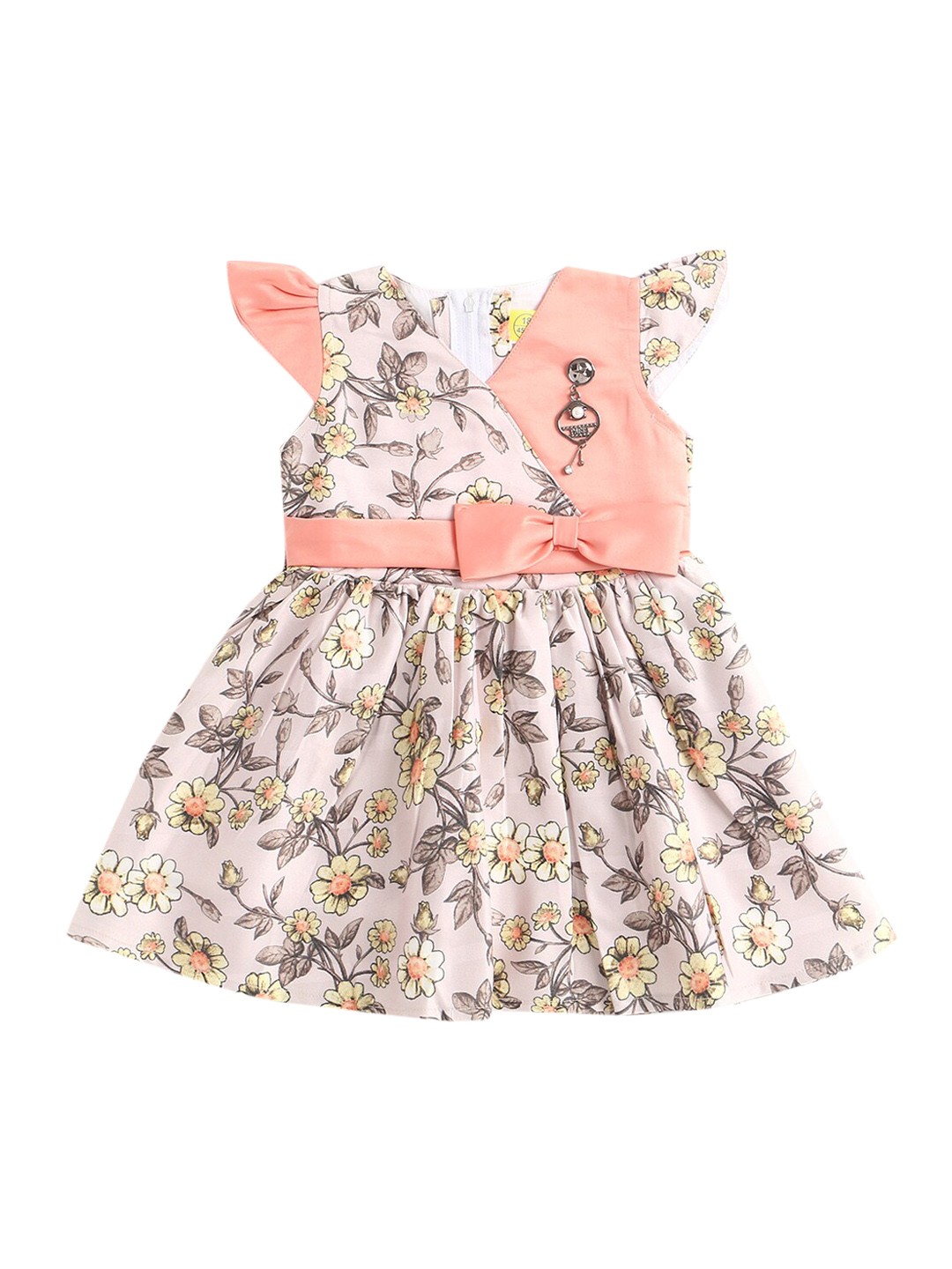 

The Magic Wand Girls Peach-Coloured and Grey Floral Printed Dress with Bow