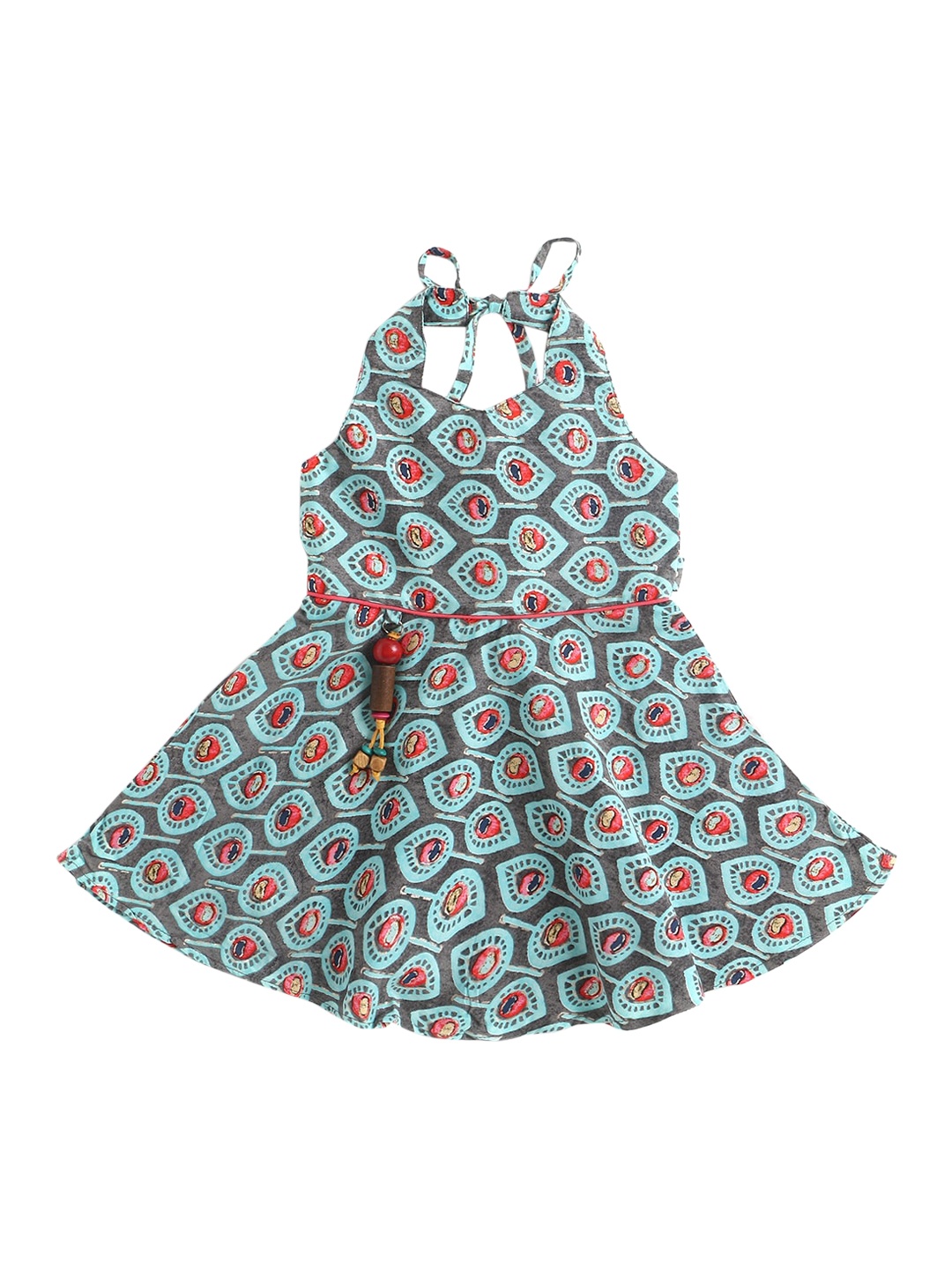 

The Magic Wand Girls Turquoise Blue Halter Neck Printed A-Line Dress